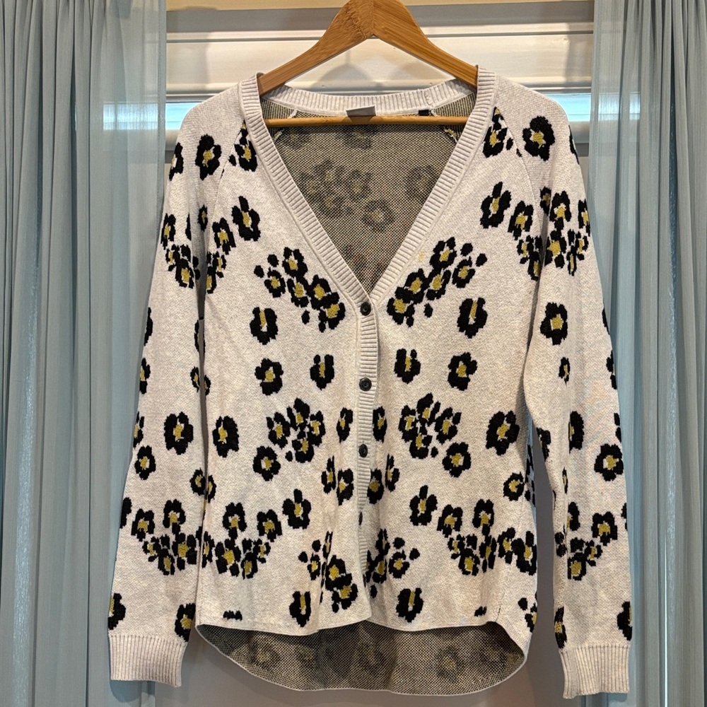 CAbi Kiki lt gray with Black & gold Floral-leopard print cardigan.